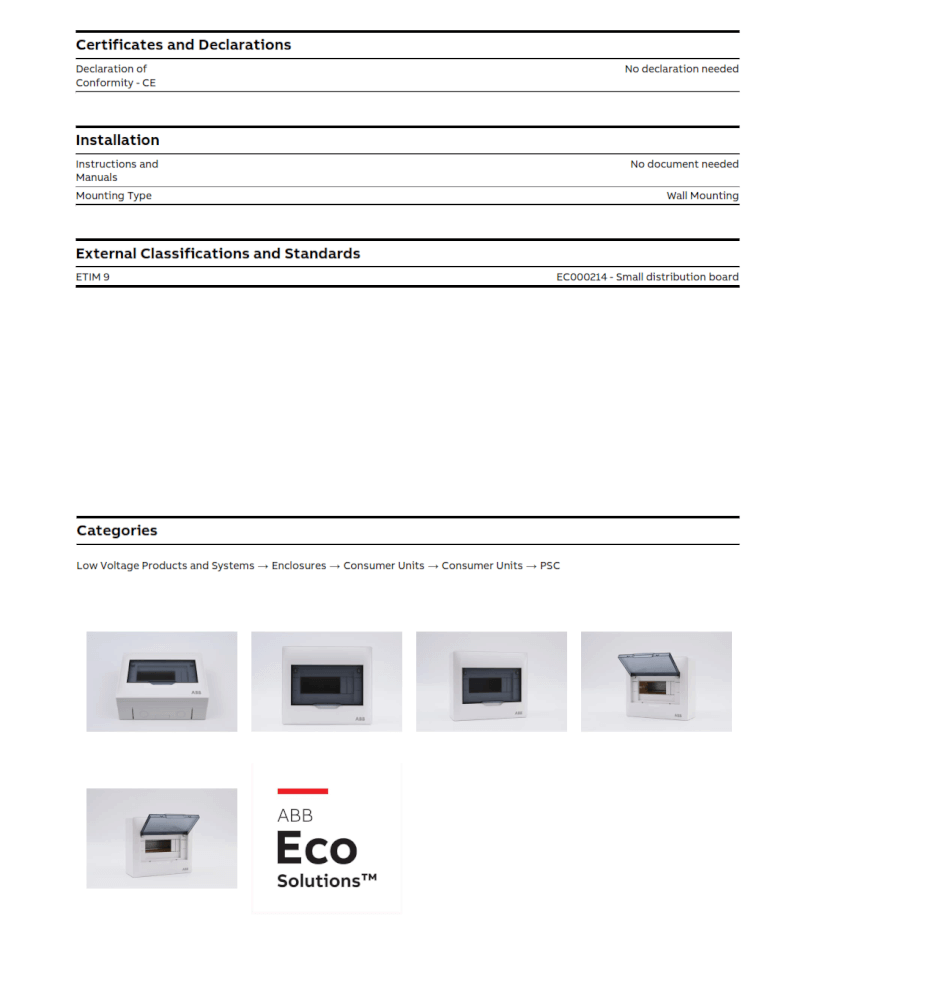ตู้คอนซูมเมอร์ใส่เบรกเกอร์ 8 ช่อง ABB PSC108 Consumer Unit IEC IP40 Plastic Box & Cover